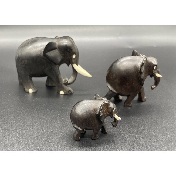 Hand Carved Wooden Elephant Family Mama And Babies Set Of 3 Vintage Elephants - Picture 4 of 15